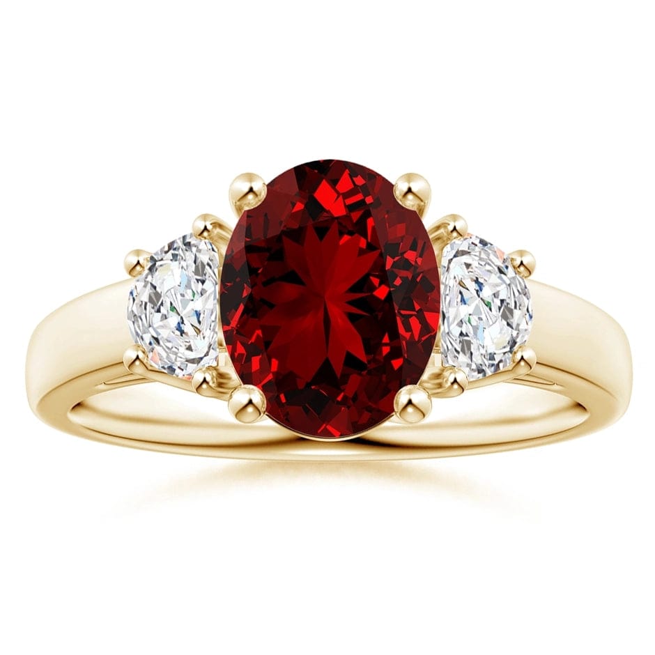 Lab-Grown Oval Brilliant Cut Ruby - Three Stone Classic Engagement Ring 14K Yellow Gold